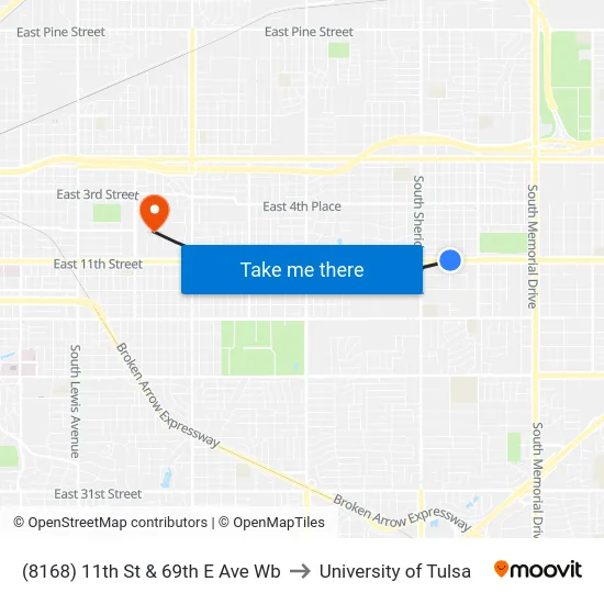 (8168) 11th St & 69th E Ave Wb to University of Tulsa map