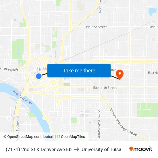 (7171) 2nd St & Denver Ave Eb to University of Tulsa map