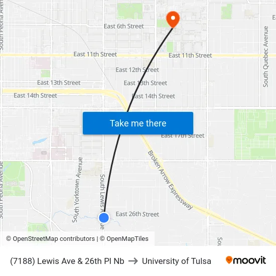 (7188) Lewis Ave & 26th Pl Nb to University of Tulsa map