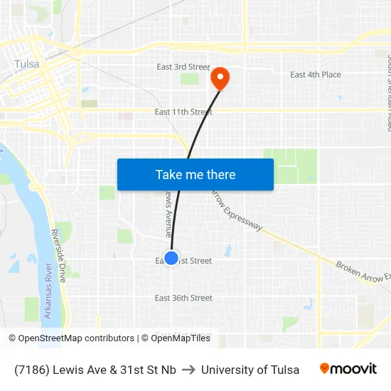(7186) Lewis Ave & 31st St Nb to University of Tulsa map