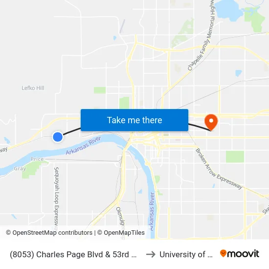 (8053) Charles Page Blvd & 53rd W Ave Wb to University of Tulsa map