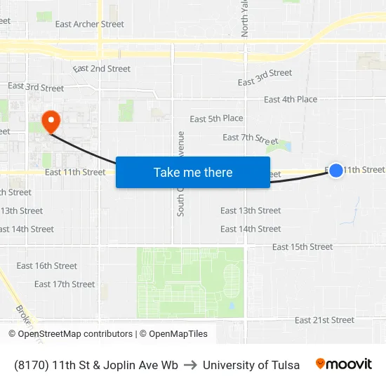 (8170) 11th St & Joplin Ave Wb to University of Tulsa map