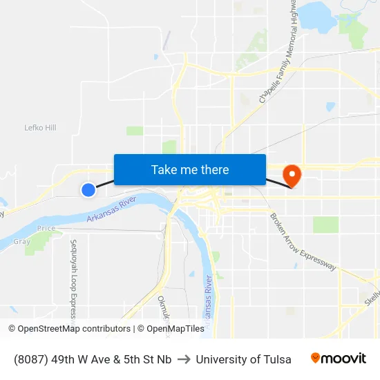 (8087) 49th W Ave & 5th St Nb to University of Tulsa map