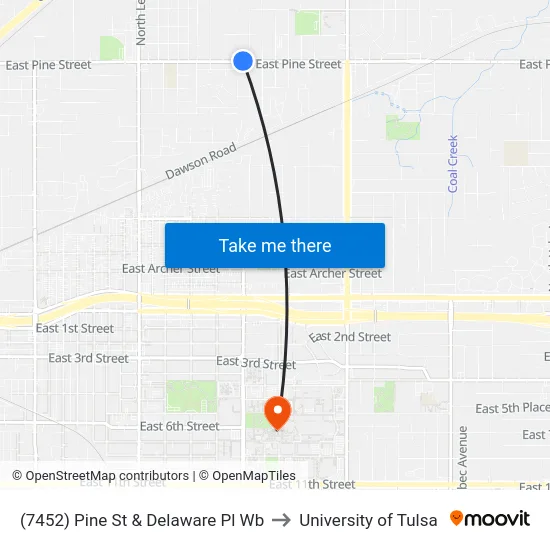 (7452) Pine St & Delaware Pl Wb to University of Tulsa map