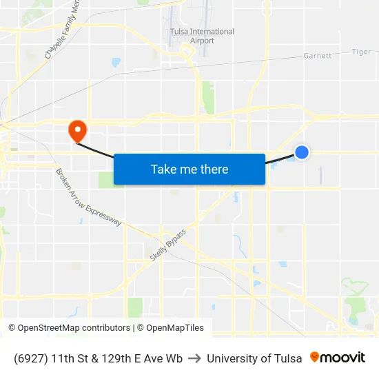(6927) 11th St & 129th E Ave Wb to University of Tulsa map