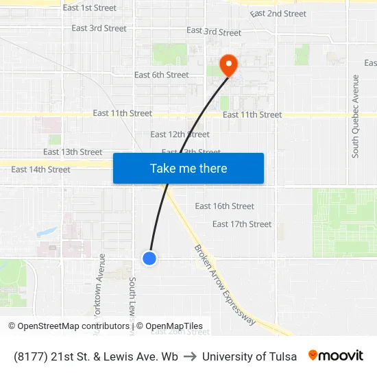 (8177) 21st St. & Lewis Ave. Wb to University of Tulsa map