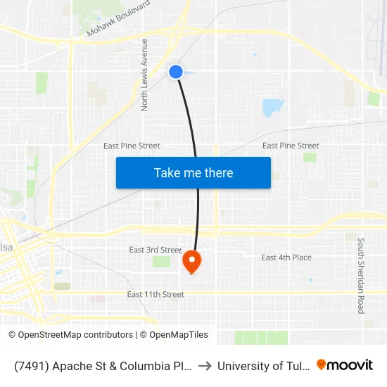 (7491) Apache St & Columbia Pl Eb to University of Tulsa map