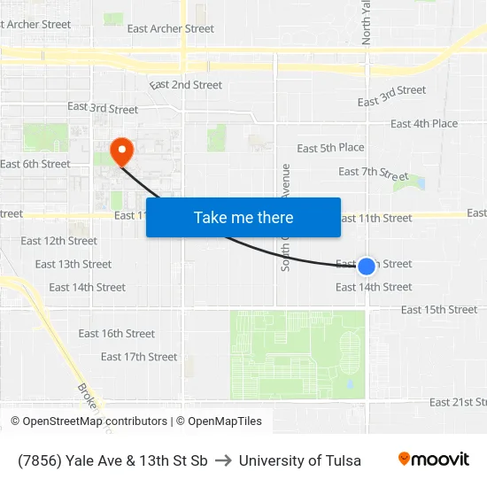 (7856) Yale Ave & 13th St Sb to University of Tulsa map