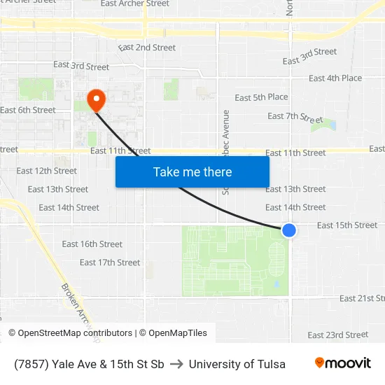 (7857) Yale Ave & 15th St Sb to University of Tulsa map
