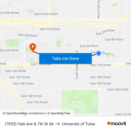 (7855) Yale Ave & 7th St Sb to University of Tulsa map