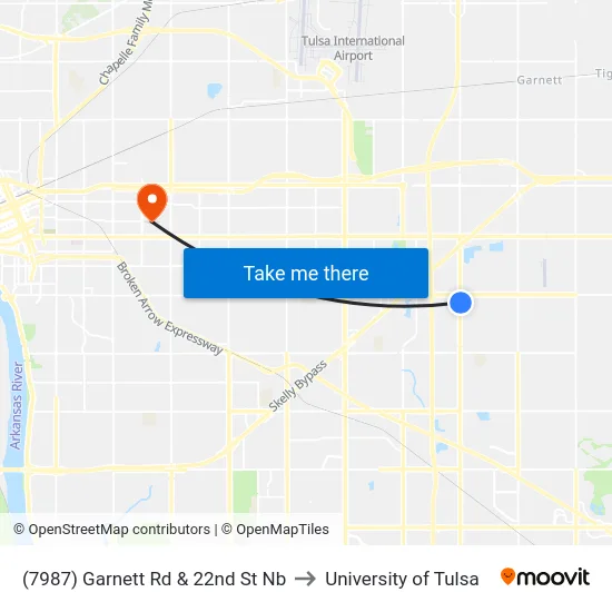 (7987) Garnett Rd & 22nd St Nb to University of Tulsa map