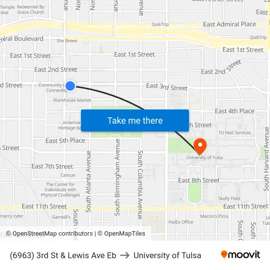 (6963) 3rd St & Lewis Ave Eb to University of Tulsa map