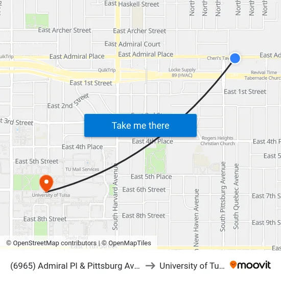 (6965) Admiral Pl & Pittsburg Ave Eb to University of Tulsa map