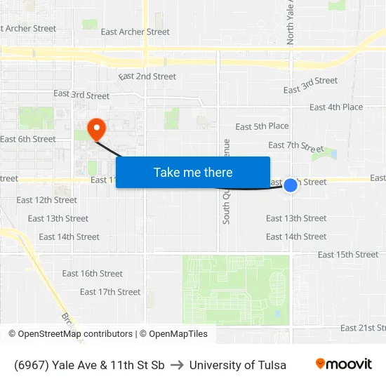 (6967) Yale Ave & 11th St Sb to University of Tulsa map