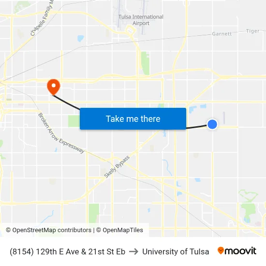 (8154) 129th E Ave & 21st St Eb to University of Tulsa map