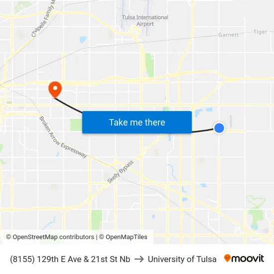 (8155) 129th E Ave & 21st St Nb to University of Tulsa map