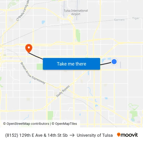 (8152) 129th E Ave & 14th St Sb to University of Tulsa map