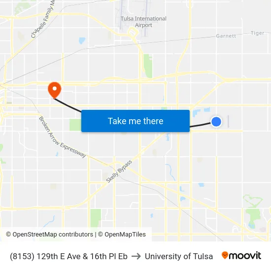 (8153) 129th E Ave & 16th Pl Eb to University of Tulsa map