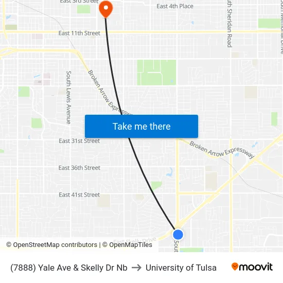 (7888) Yale Ave & Skelly Dr Nb to University of Tulsa map
