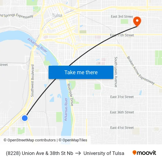 (8228) Union Ave & 38th St Nb to University of Tulsa map