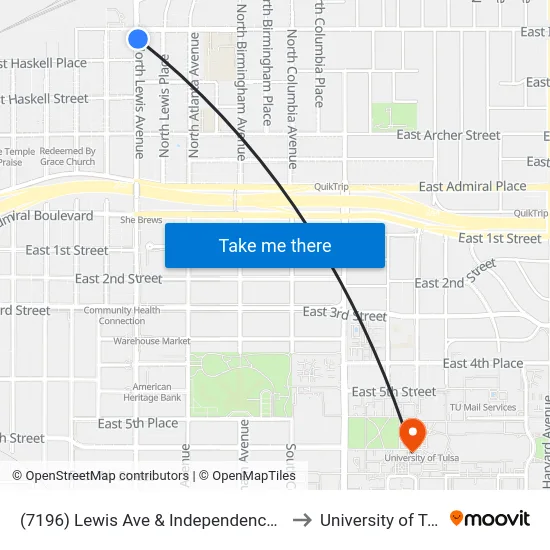(7196) Lewis Ave & Independence St Nb to University of Tulsa map