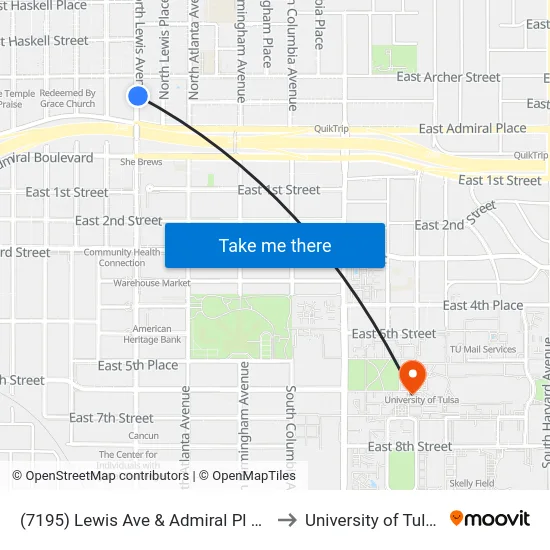 (7195) Lewis Ave & Admiral Pl Nb to University of Tulsa map