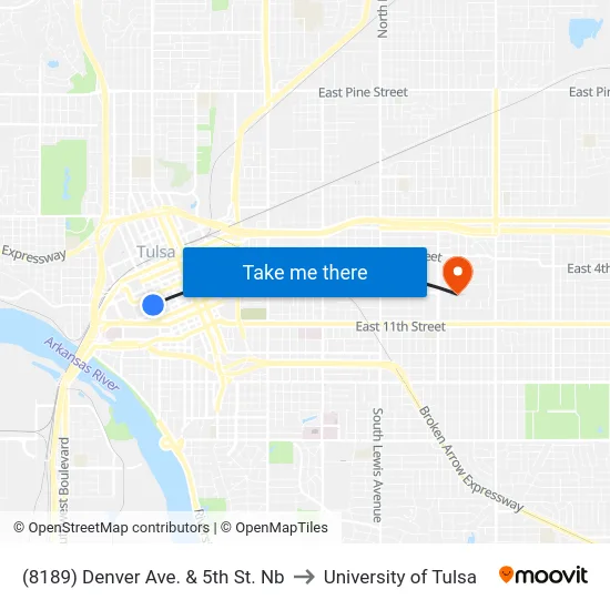 (8189) Denver Ave. & 5th St. Nb to University of Tulsa map
