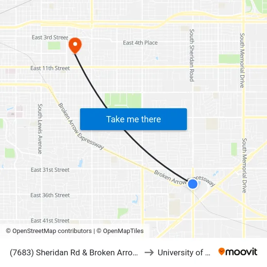 (7683) Sheridan Rd & Broken Arrow Expwy to University of Tulsa map
