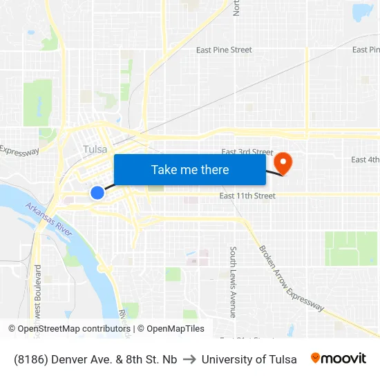 (8186) Denver Ave. & 8th St. Nb to University of Tulsa map