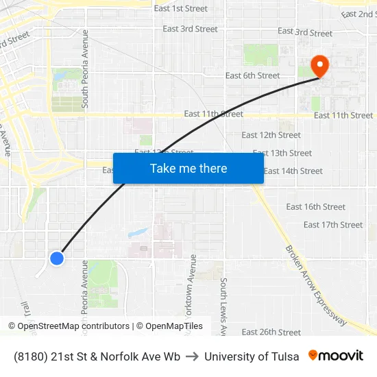 (8180) 21st St & Norfolk Ave Wb to University of Tulsa map