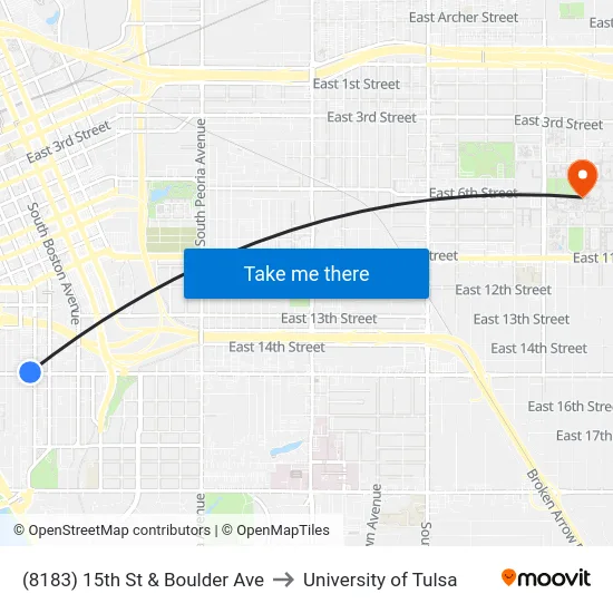 (8183) 15th St & Boulder Ave to University of Tulsa map