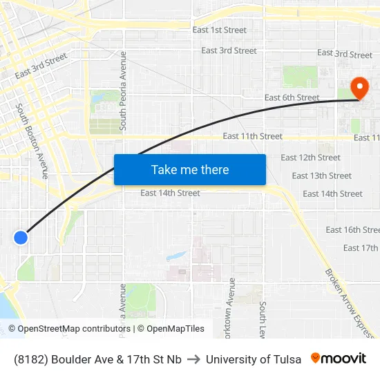 (8182) Boulder Ave & 17th St Nb to University of Tulsa map