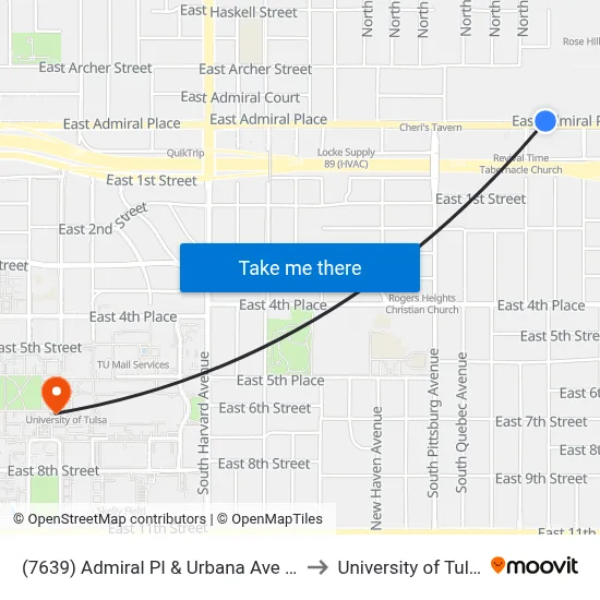 (7639) Admiral Pl & Urbana Ave Wb to University of Tulsa map