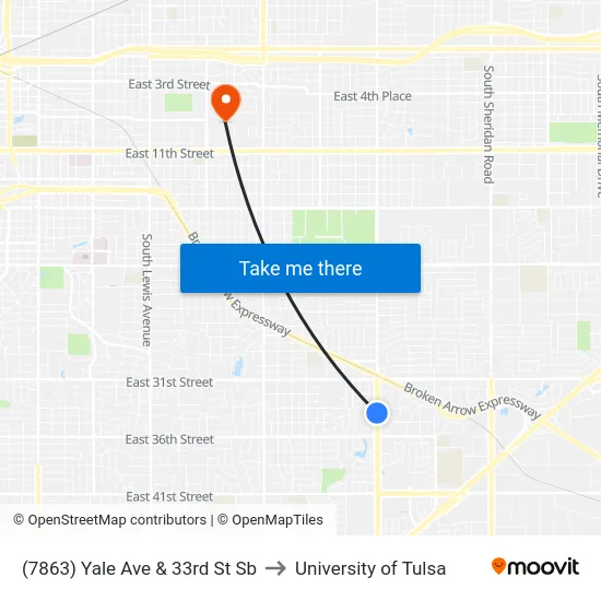 (7863) Yale Ave & 33rd St Sb to University of Tulsa map