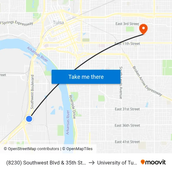 (8230) Southwest Blvd & 35th St Nb to University of Tulsa map