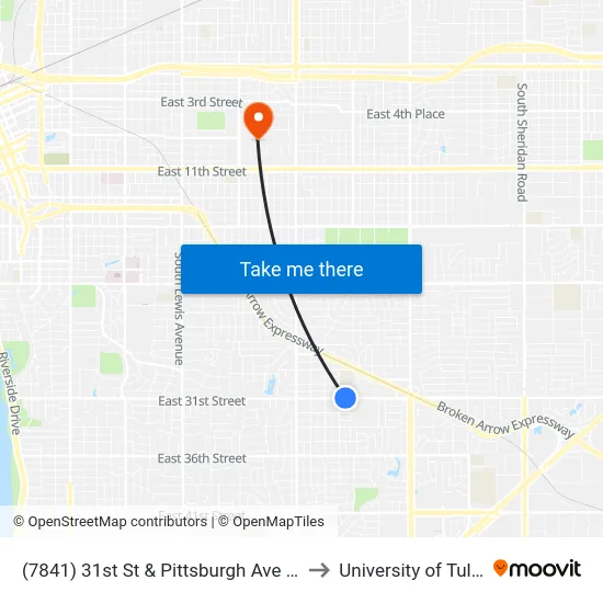 (7841) 31st St & Pittsburgh Ave Wb to University of Tulsa map