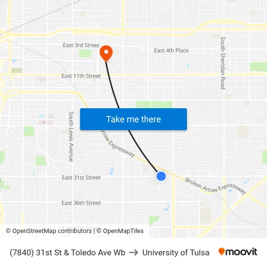 (7840) 31st St & Toledo Ave Wb to University of Tulsa map
