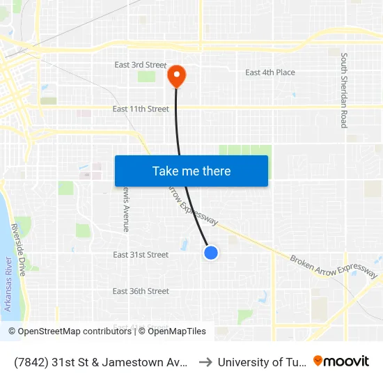 (7842) 31st St & Jamestown Ave Wb to University of Tulsa map