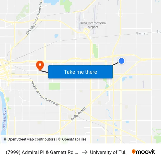 (7999) Admiral Pl & Garnett Rd Wb to University of Tulsa map