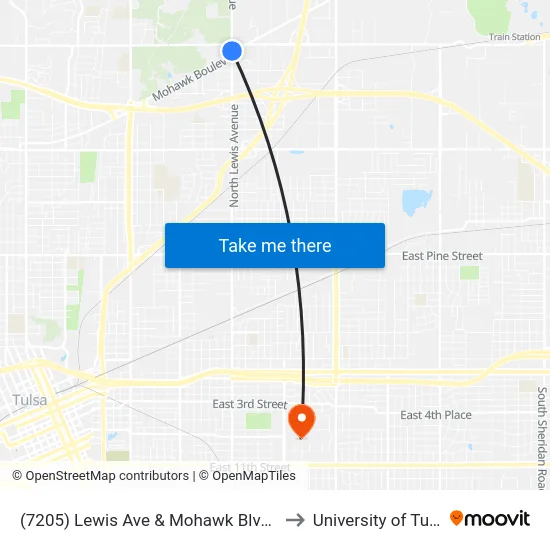 (7205) Lewis Ave & Mohawk Blvd Nb to University of Tulsa map