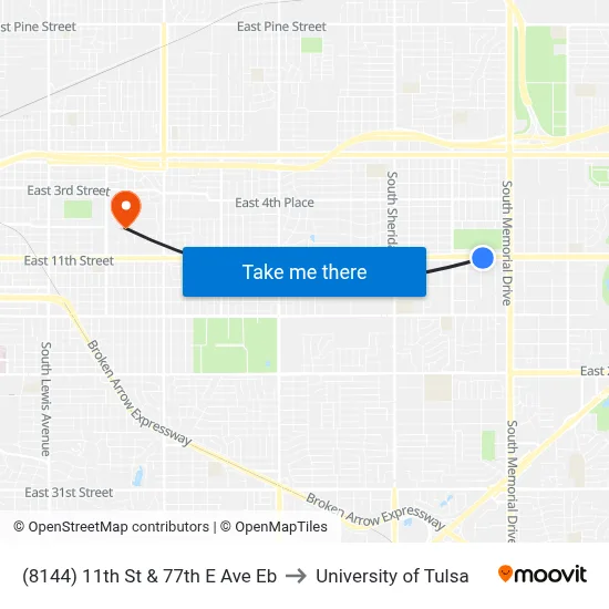(8144) 11th St & 77th E Ave Eb to University of Tulsa map