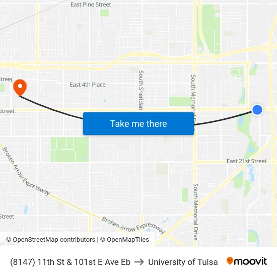 (8147) 11th St & 101st E Ave Eb to University of Tulsa map