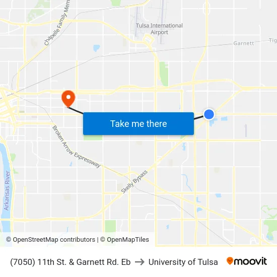 (7050) 11th St. & Garnett Rd. Eb to University of Tulsa map