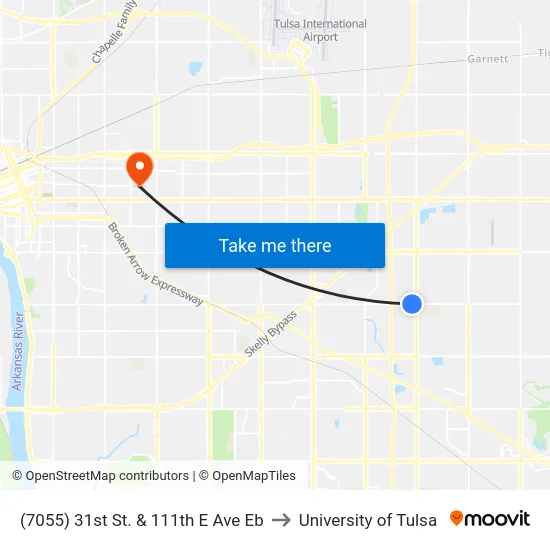 (7055) 31st St. & 111th E Ave Eb to University of Tulsa map