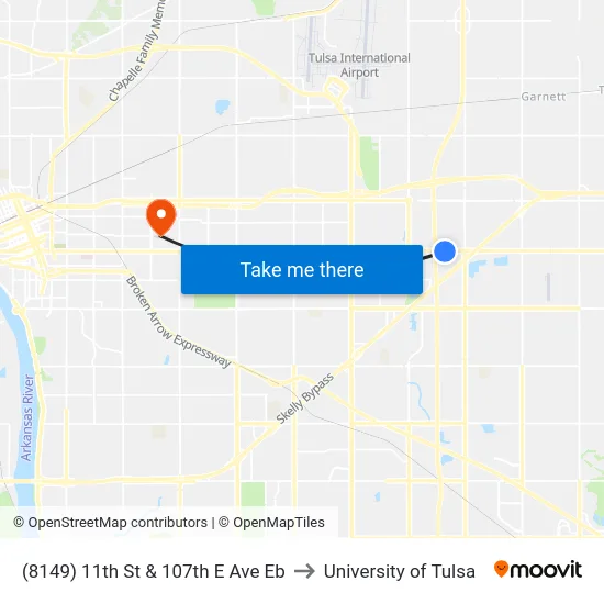 (8149) 11th St & 107th E Ave Eb to University of Tulsa map