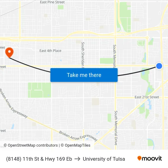 (8148) 11th St & Hwy 169 Eb to University of Tulsa map
