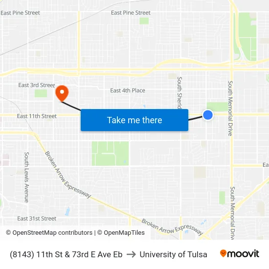 (8143) 11th St & 73rd E Ave Eb to University of Tulsa map