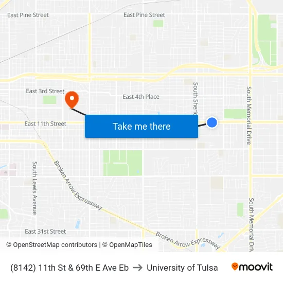 (8142) 11th St & 69th E Ave Eb to University of Tulsa map