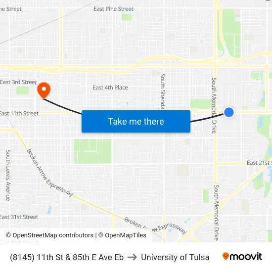 (8145) 11th St & 85th E Ave Eb to University of Tulsa map