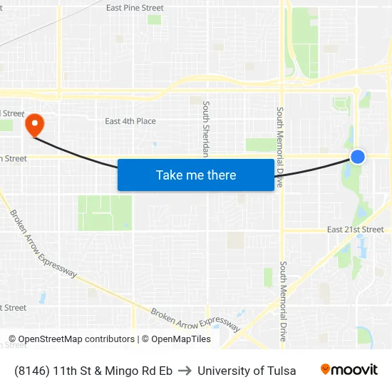 (8146) 11th St & Mingo Rd Eb to University of Tulsa map